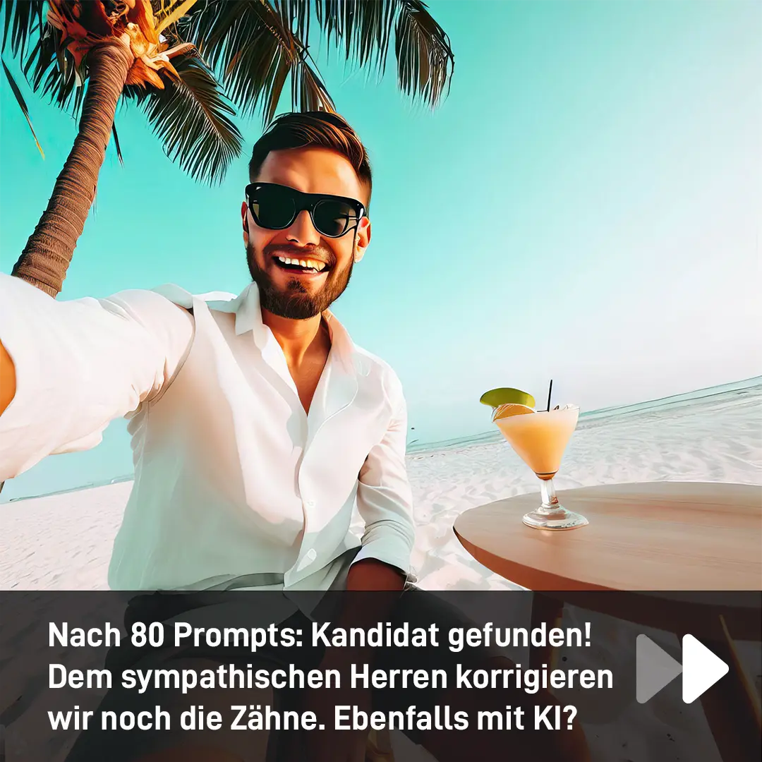 Nach 80 Prompts: Kandidat gefunden! Dem sympathischen Herren korrigieren wir noch die Zähne. Ebenfalls mit KI?