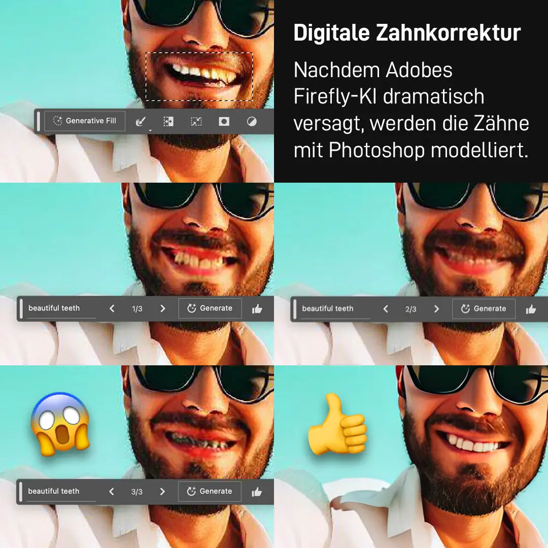 Digitale Zahnkorrektur: Nachdem Adobes Firefly-KI dramatisch versagt, werden die Zähne mit Photoshop modelliert